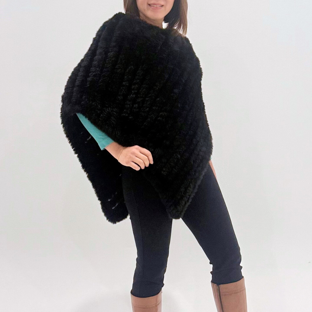 Plush Black Faux Fur Poncho - Black