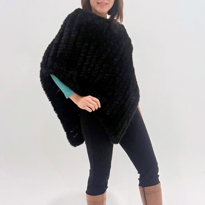 Plush Black Faux Fur Poncho - Black