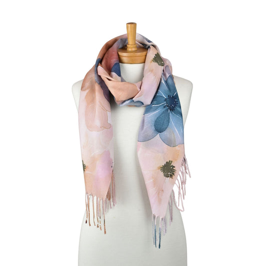 Watercolor Floral Fringed Scarf - Brown/Teal