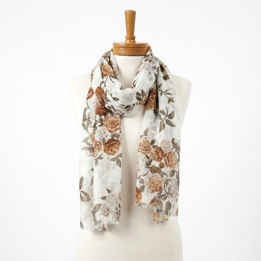 Vintage Rose Garden Scarf - White/Brown