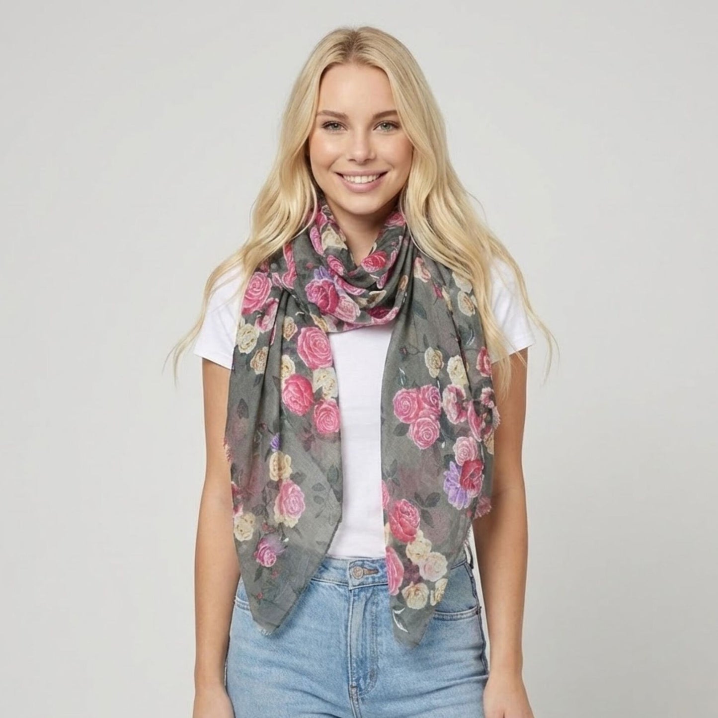 Vintage Rose Garden Scarf - Grey Pink