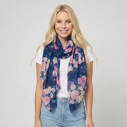 Vintage Rose Garden Scarf - Navy Pink