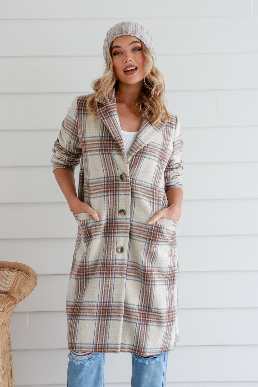 Fully Lined Checked Duster Coat - Latte/Mocha/Blue