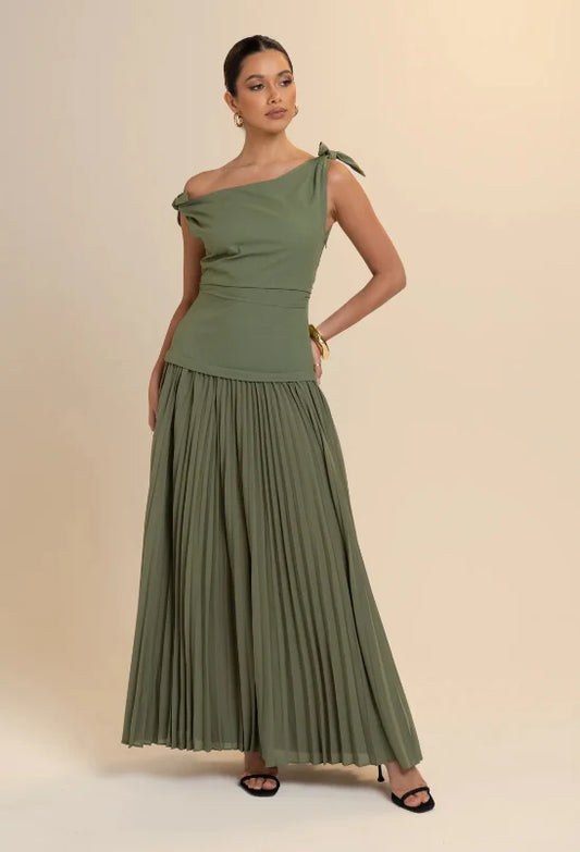 Olive Pleat Midi Dress - Olive Green