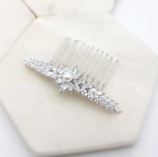 Chrysalini Sparkling Marquise CZ & Ivory Glass Pearls Hair Comb - Silver