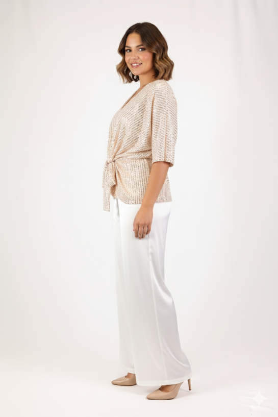 Angel Sequin Tie Front Top - Rose Gold