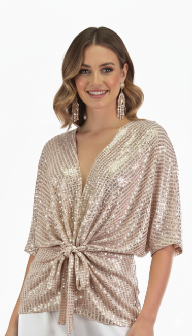 Angel Sequin Tie Front Top - Rose Gold