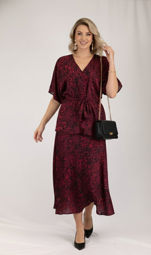 Tie Front Extended Sleeve Top - Red Animal