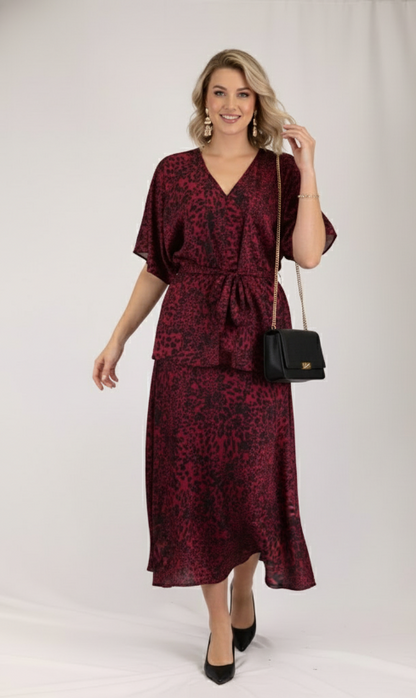 Tie Front Extended Sleeve Top - Red Animal
