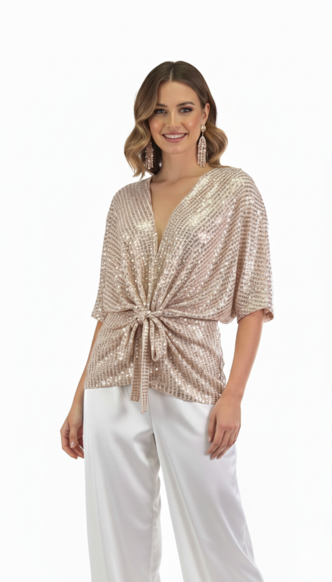 Angel Sequin Tie Front Top - Rose Gold