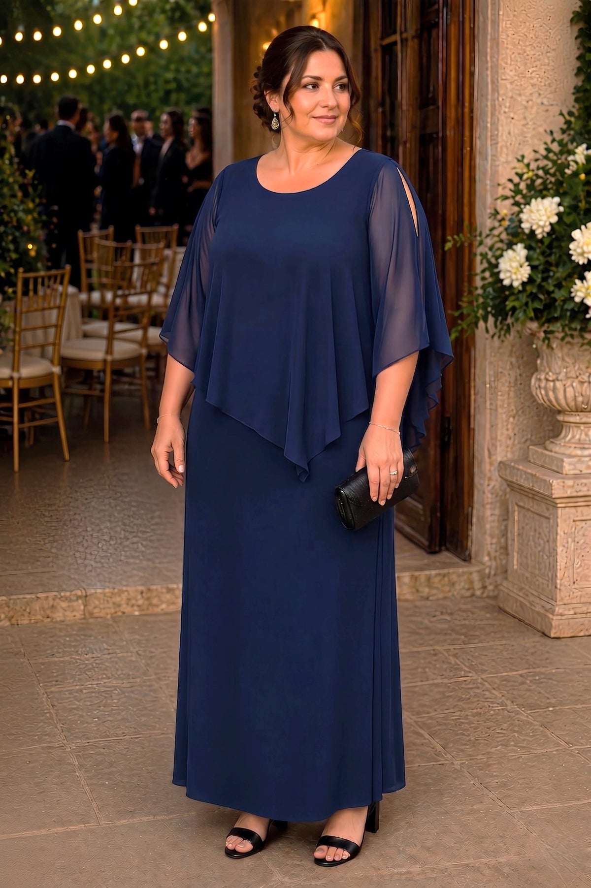 Overlay Cape Dress - Navy
