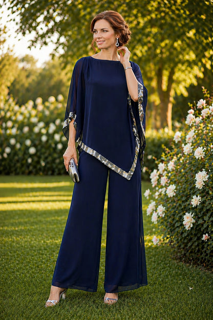 Sequin Trim Chiffon Overlay Top - Navy/Silver