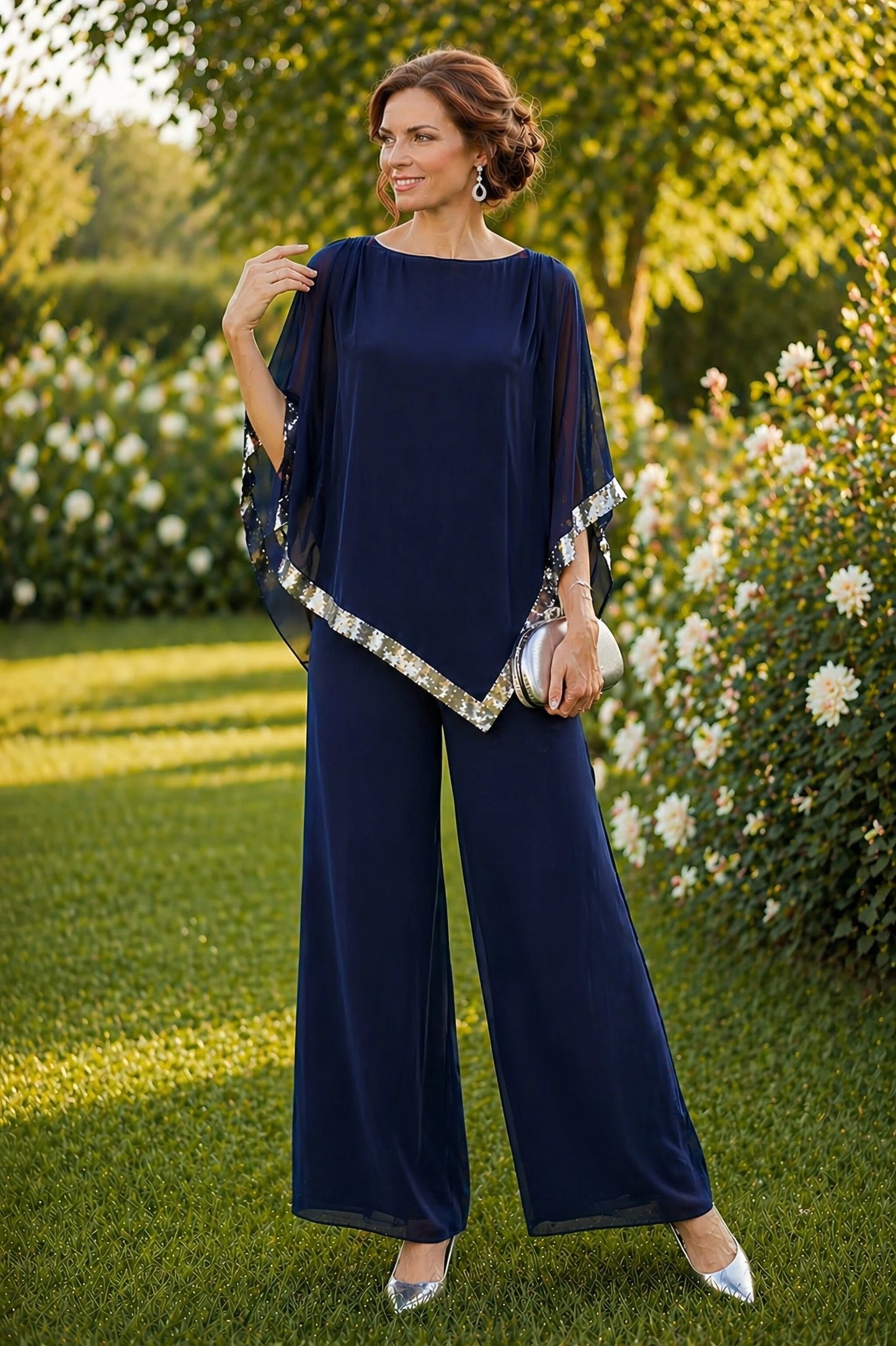 Sequin Trim Chiffon Overlay Top - Navy/Silver