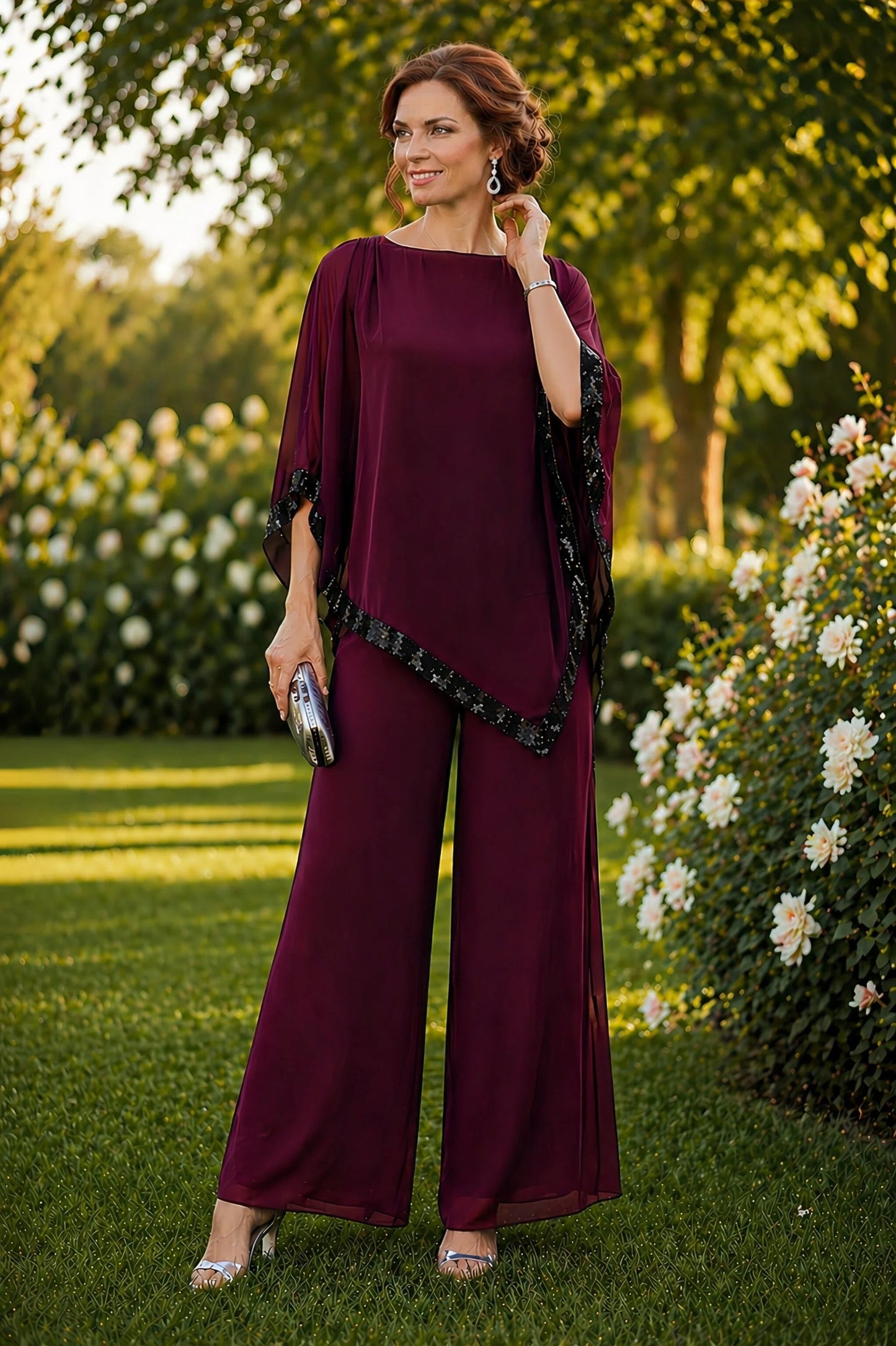Sequin Trim Chiffon Overlay Top - Port/Black