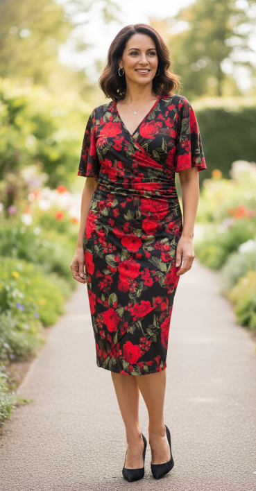 Rose Garden Jersey Dress - Red/Black