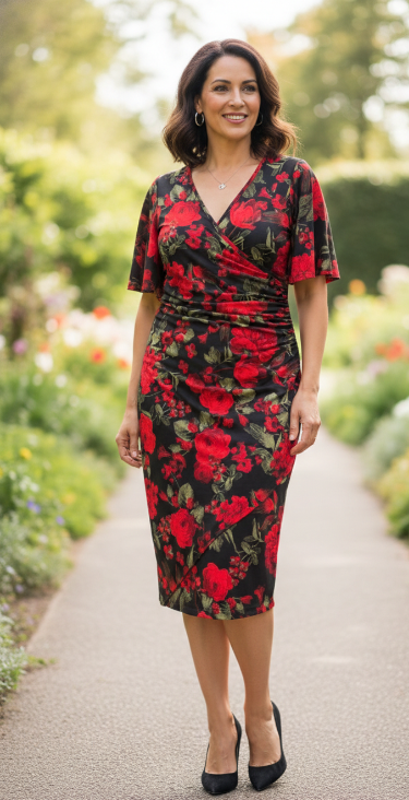 Rose Garden Jersey Dress - Red/Black