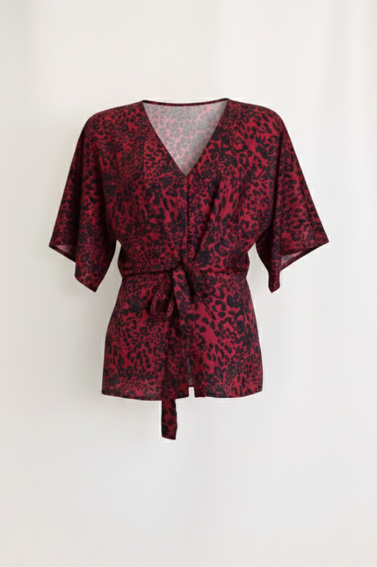 Tie Front Extended Sleeve Top - Red Animal