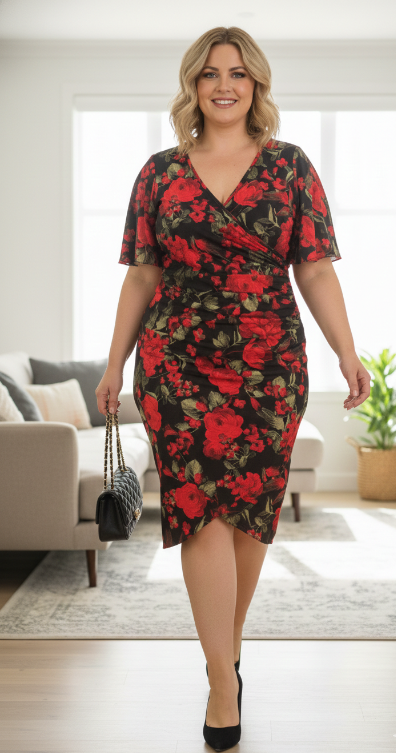 Rose Garden Jersey Dress - Red/Black