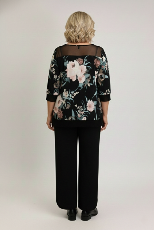 Hannah Floral Print Mesh Top - Teal/Black