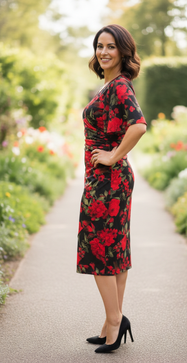 Rose Garden Jersey Dress - Red/Black