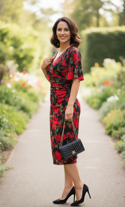Rose Garden Jersey Dress - Red/Black