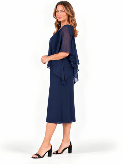 Pleat Overlay Dress - Navy