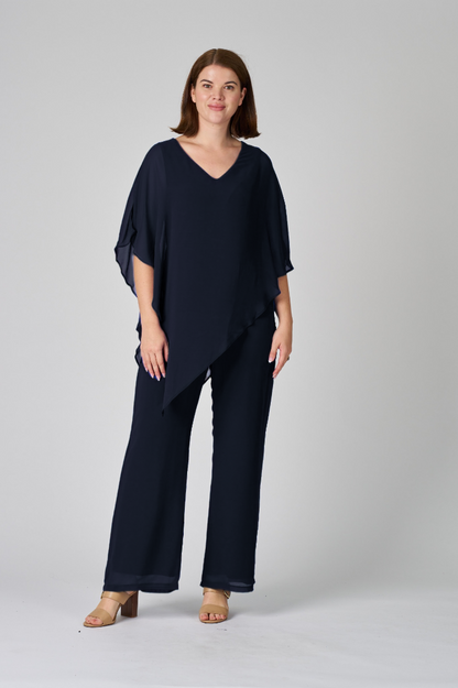 Plain Chiffon Overlay Pant - Navy
