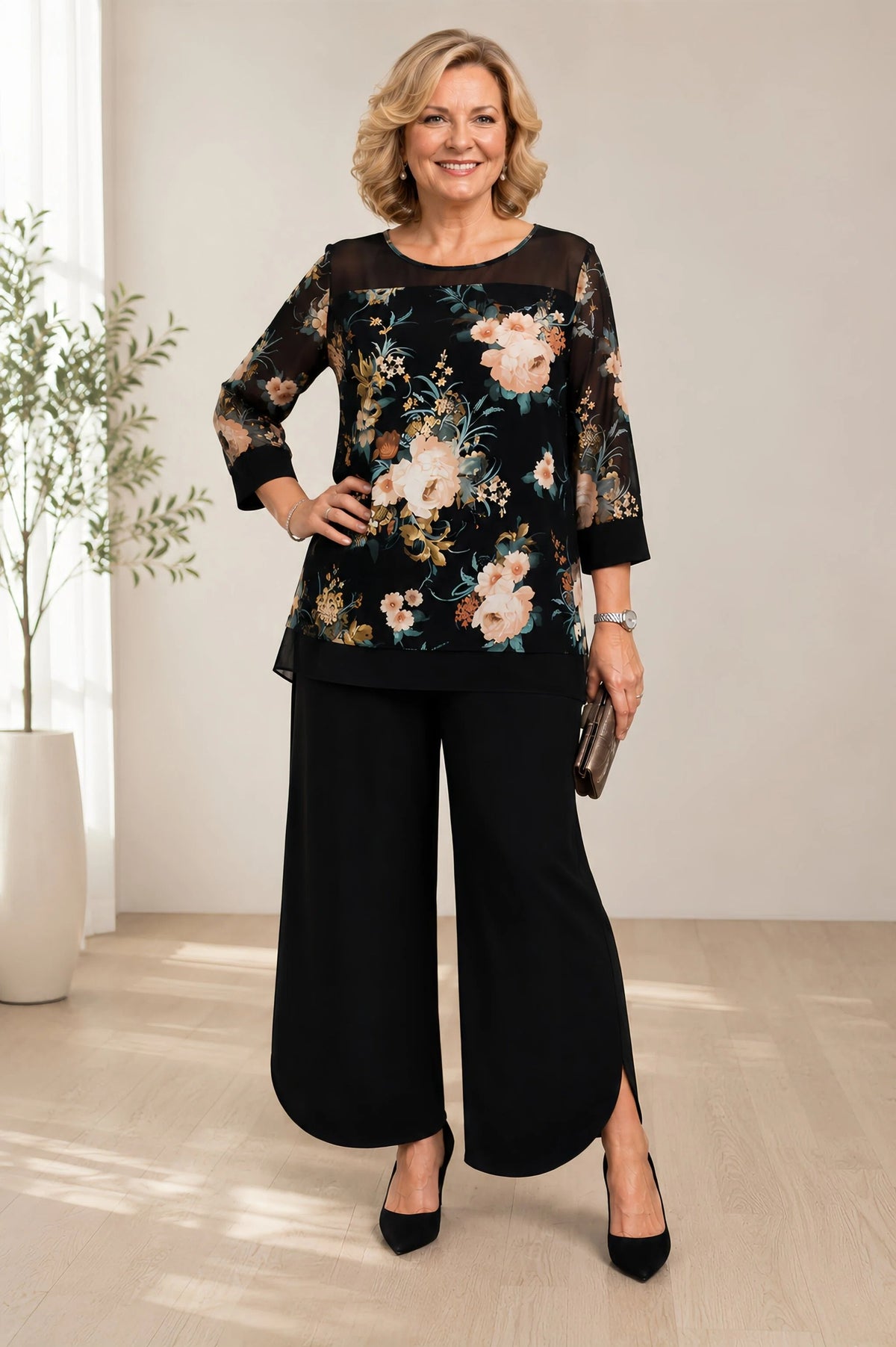Hannah Floral Print Mesh Top - Teal/Black