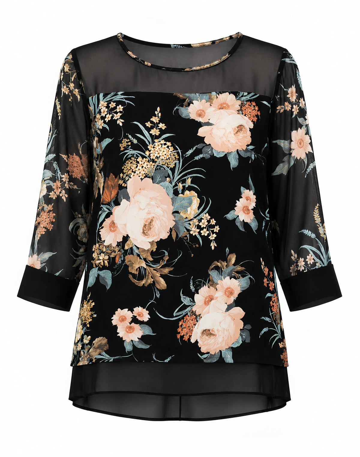 Hannah Floral Print Mesh Top - Teal/Black