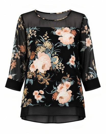 Hannah Floral Print Mesh Top - Teal/Black