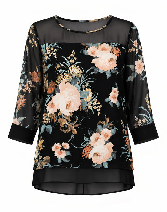 Hannah Floral Print Mesh Top - Teal/Black