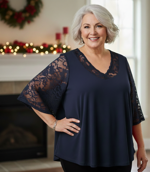 Lace Insert Top - Navy