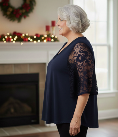 Lace Insert Top - Navy