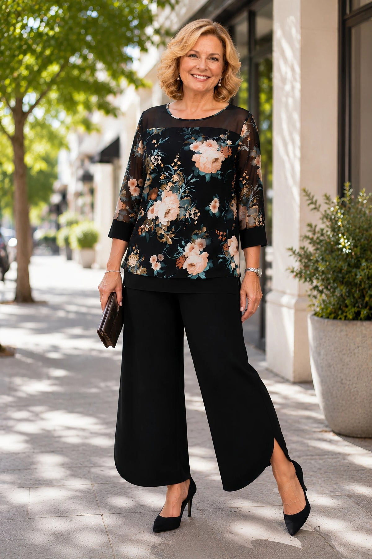 Hannah Floral Print Mesh Top - Teal/Black