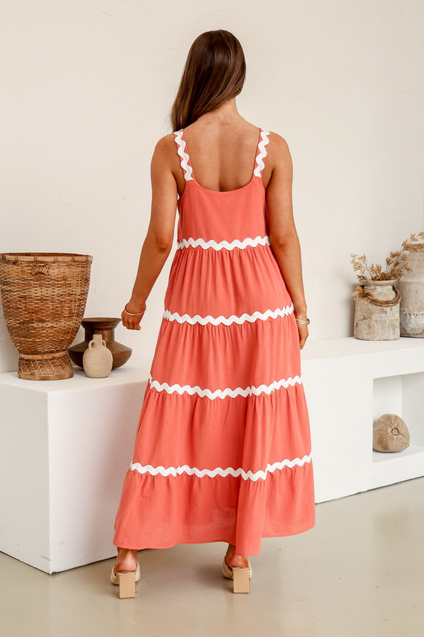 Peggy Ric Rac Tiered Midi Dress - Watermelon