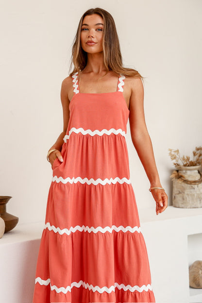 Peggy Ric Rac Tiered Midi Dress - Watermelon