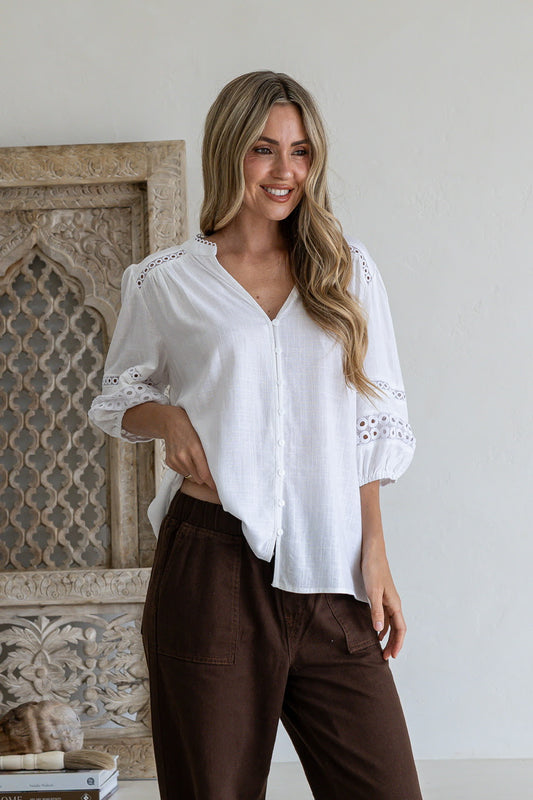 Button Front Lace Insert Blouse - White