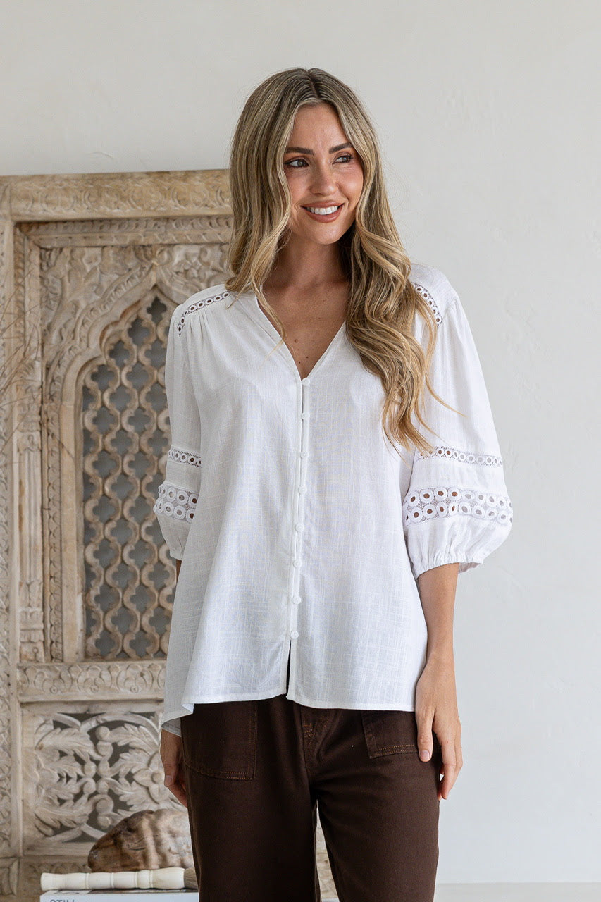 Button Front Lace Insert Blouse - White
