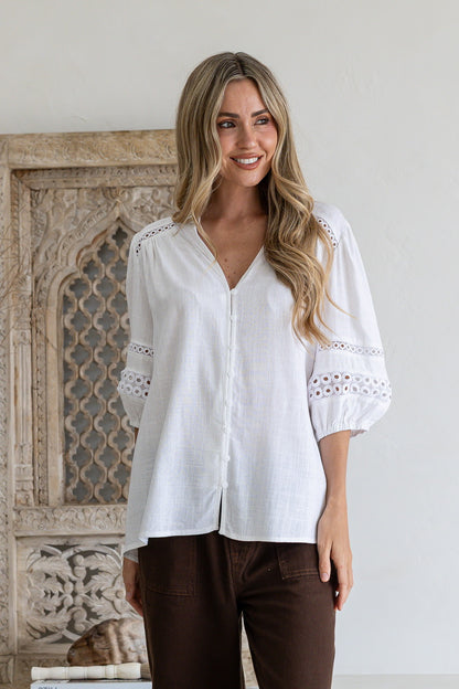Button Front Lace Insert Blouse - White