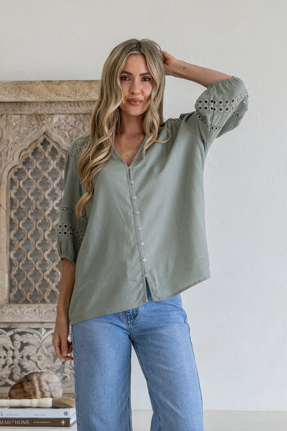 Button Front Lace Insert Blouse - Khaki
