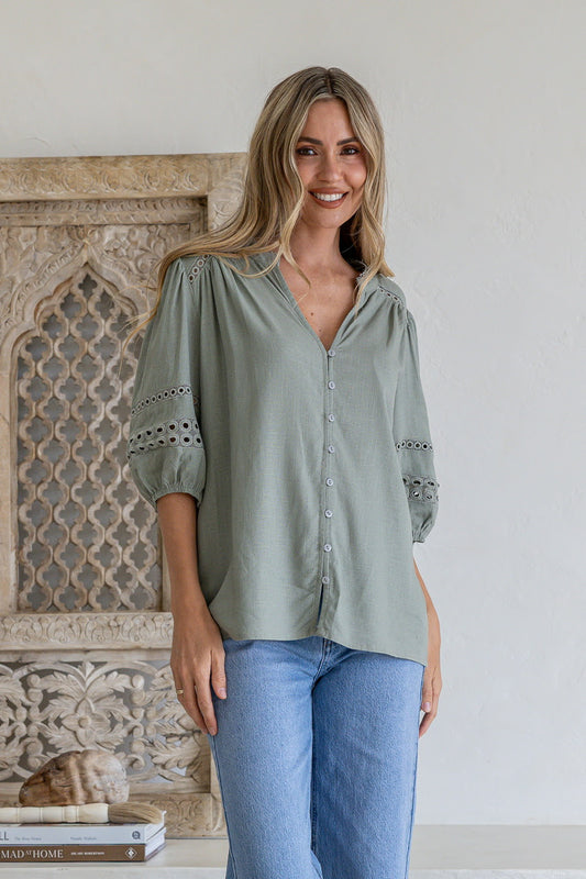 Button Front Lace Insert Blouse - Khaki