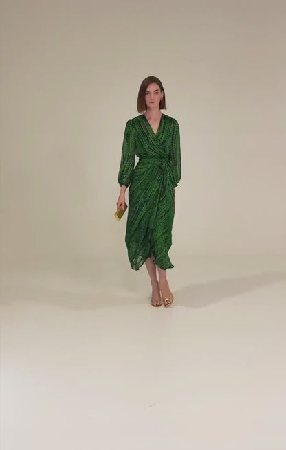Sacha Drake Savoir Midi Wrap Dress in Navy Green