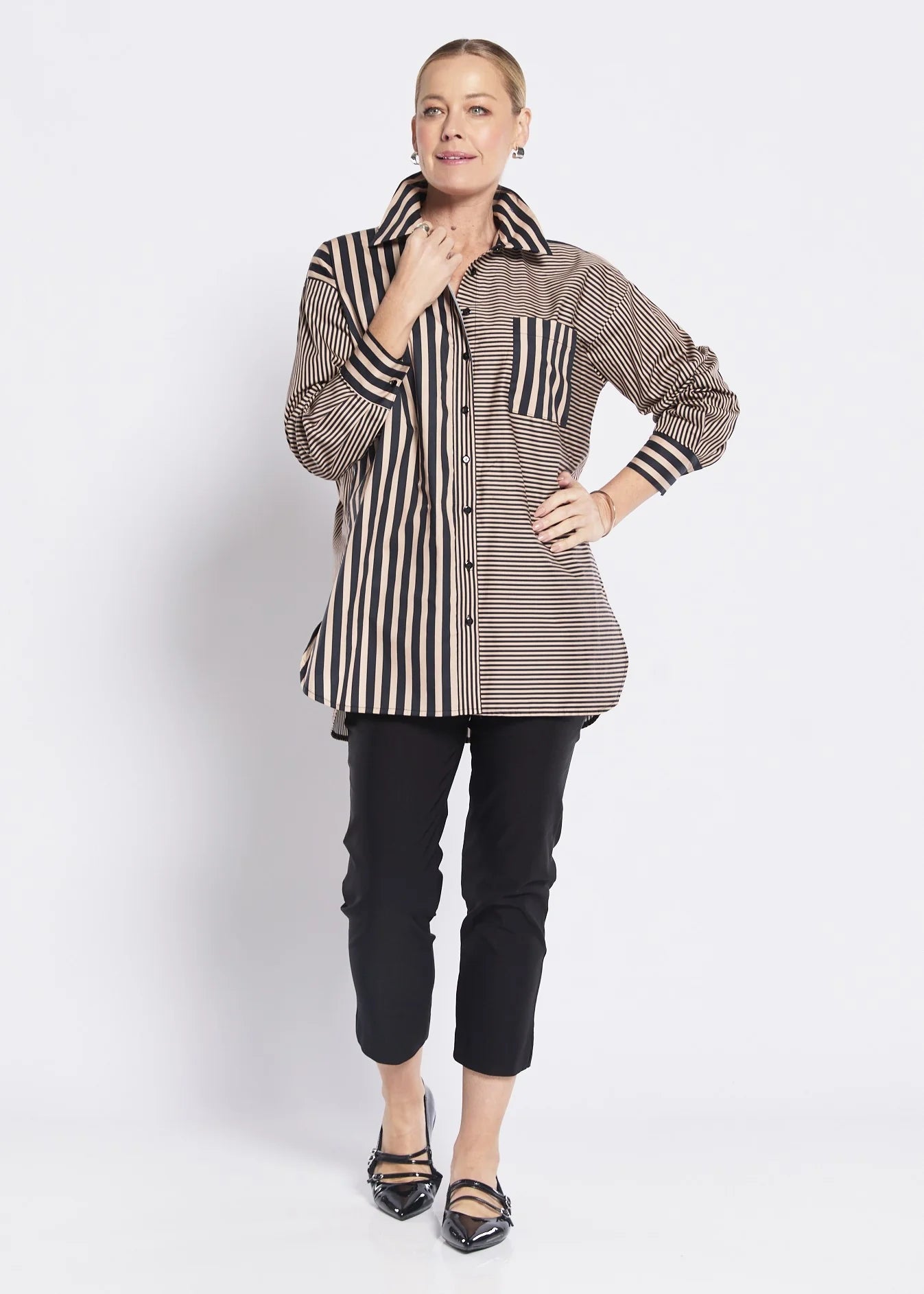 Philosophy Port City Stretch Cotton Shirt in Pralene Black Stipe