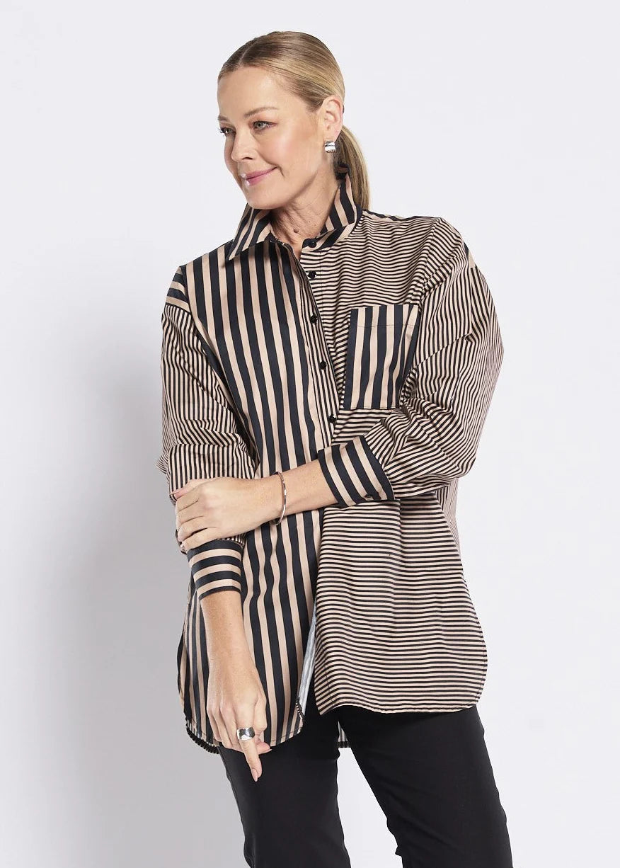 Philosophy Port City Stretch Cotton Shirt in Pralene Black Stipe