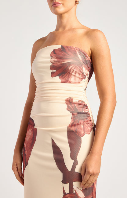 Contrast Floral Print Stapless Midi Dress - Chocolate/Cream