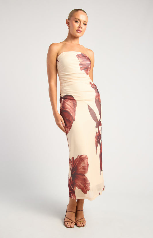 Contrast Floral Print Stapless Midi Dress - Chocolate/Cream