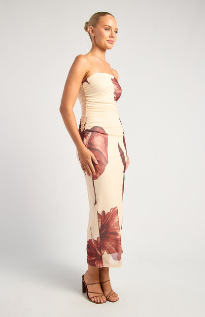 Contrast Floral Print Stapless Midi Dress - Chocolate/Cream