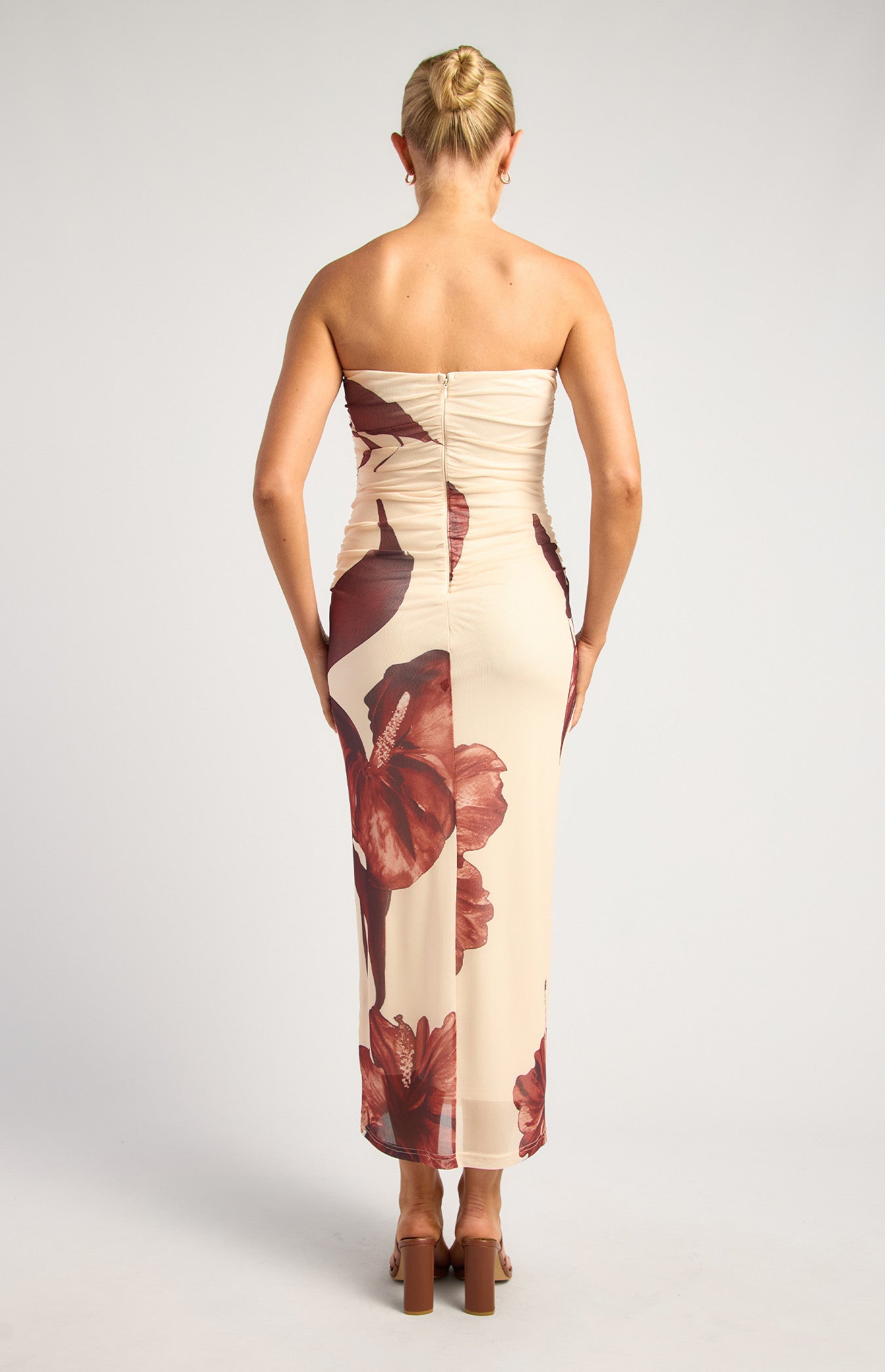 Contrast Floral Print Stapless Midi Dress - Chocolate/Cream