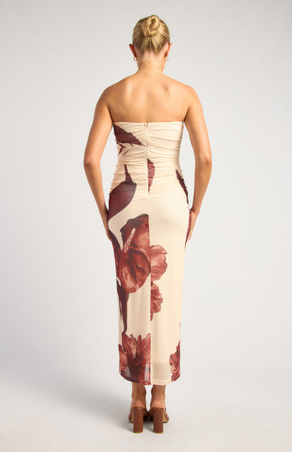 Contrast Floral Print Stapless Midi Dress - Chocolate/Cream