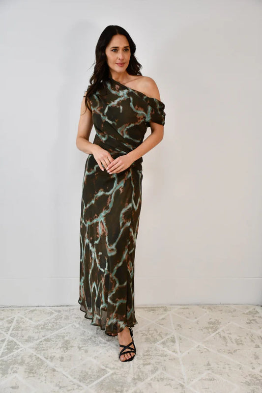 Rosy Draped Shoulder Dress - Chocolate/Mint